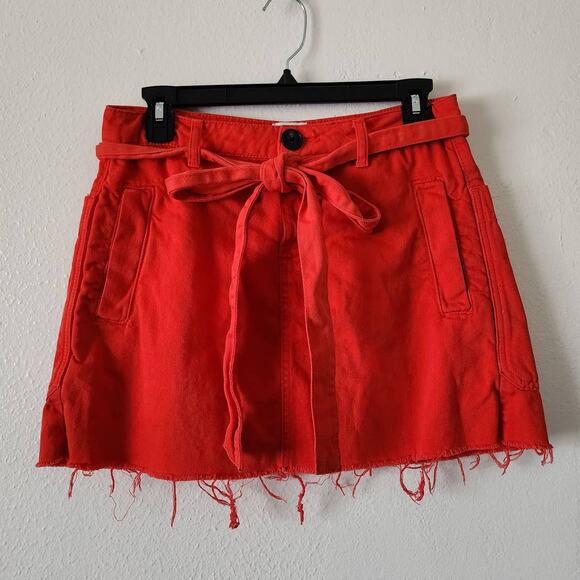 BDG Urban Outfitters Twill Frayed Mini Skirt Tie Waist Denim Fringe Raw Hem - Picture 2 of 12